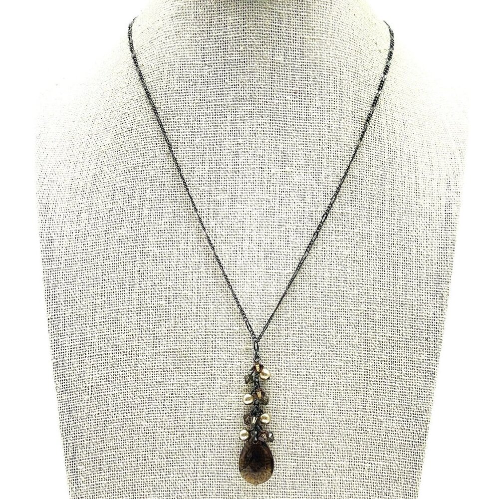 Vintage Pendant Necklace Gold Tone Drop Cognac Brown Stone